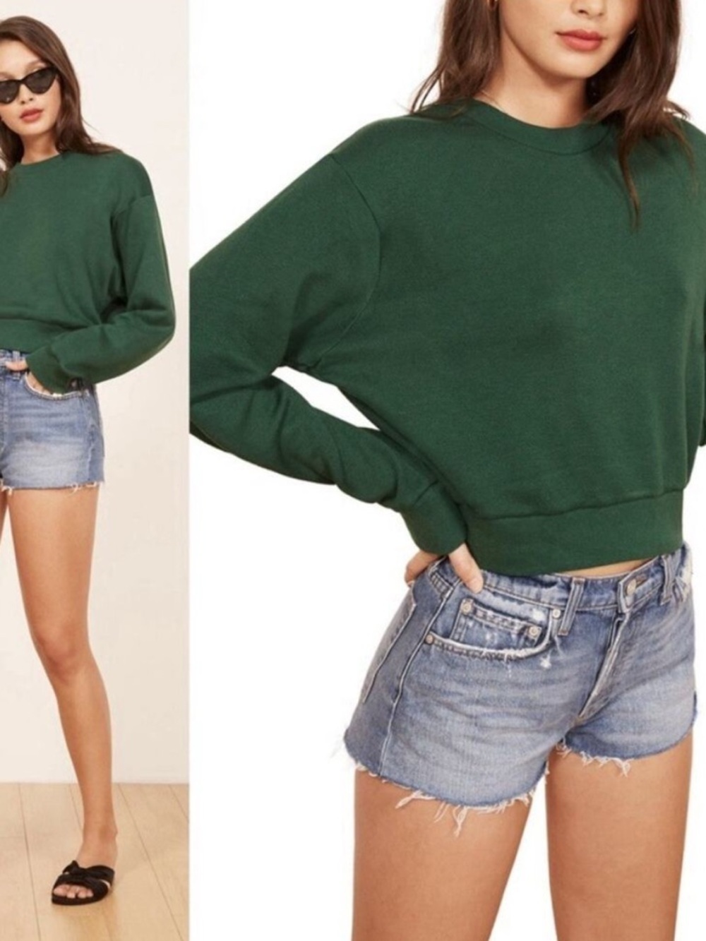 Reformation Jeans Forest Green Cropped Crewneck Sweatshirt Size Small Oversized - Picture 4 of 9